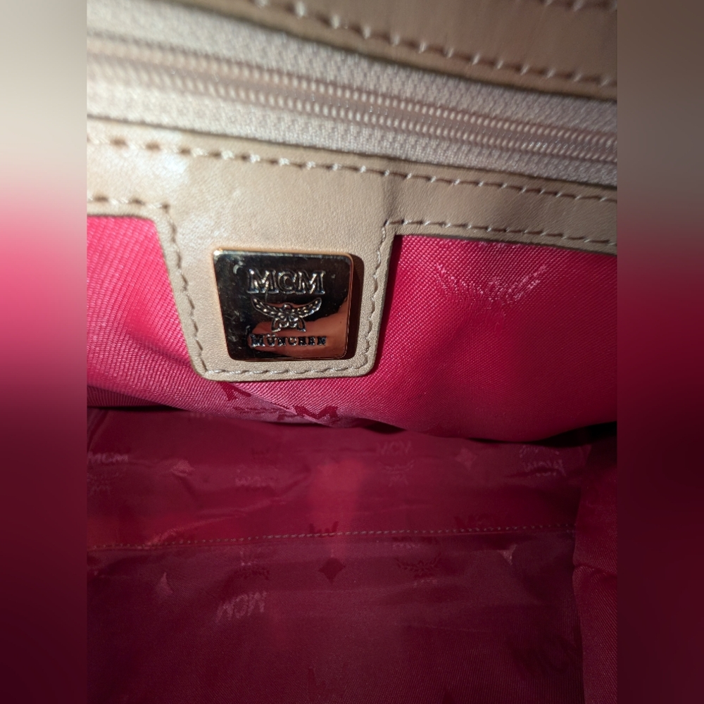 MCM Cream and Pink Satchel with Monogram Print - Picture 10 of 12